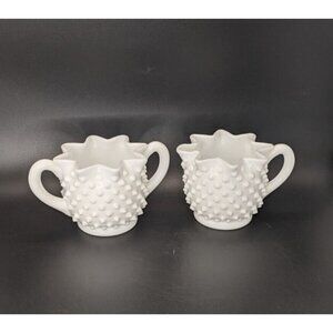 Fenton Sugar And Creamer Set Milk Glass Hobnail Crimped Star White Vintage